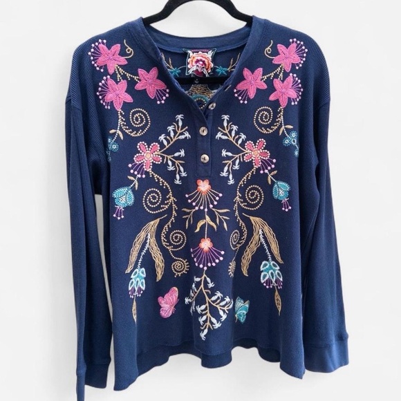 Johnny Was Tops - Johnny Was Sisa Navy Floral Embroidered Thermal Waffle Knit Henley Top, XL